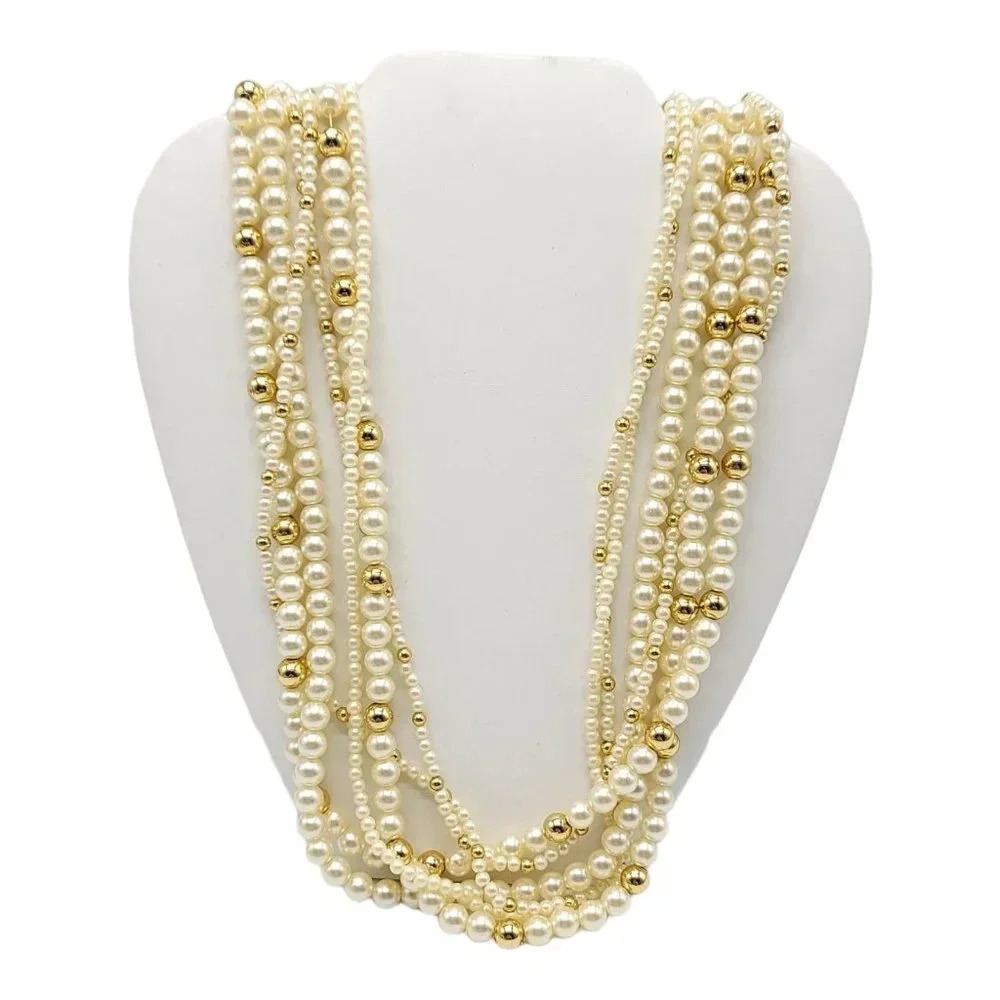 Multi Strand Acrylic Pearl Necklace With Acrylic Gold Bead Accents Of Varying Si